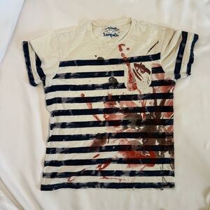 Desigual Cream Tee with Blue Logo and Red Accent